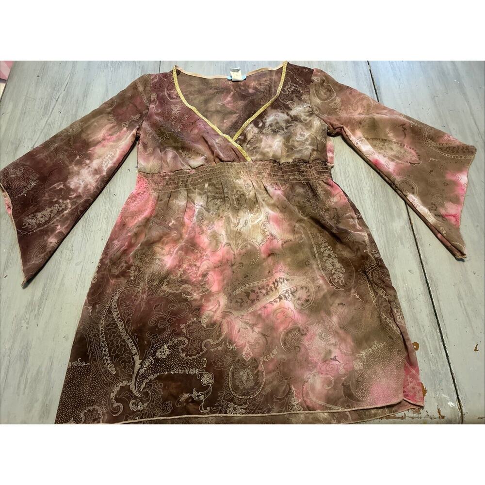 Y2K Pink Purple Paisley V Neck Top Bell Sleeve Fairy Core Coquette Sz S Babydoll